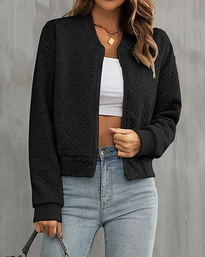 Casaco bomber feminino acolchoado de manga comprida, ideal para outono/inverno, look casual e confortável.
