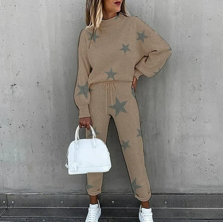 Conjunto feminino vibrante estampado: sweatshirt e calças casuais de malha para um visual moderno e confortável.