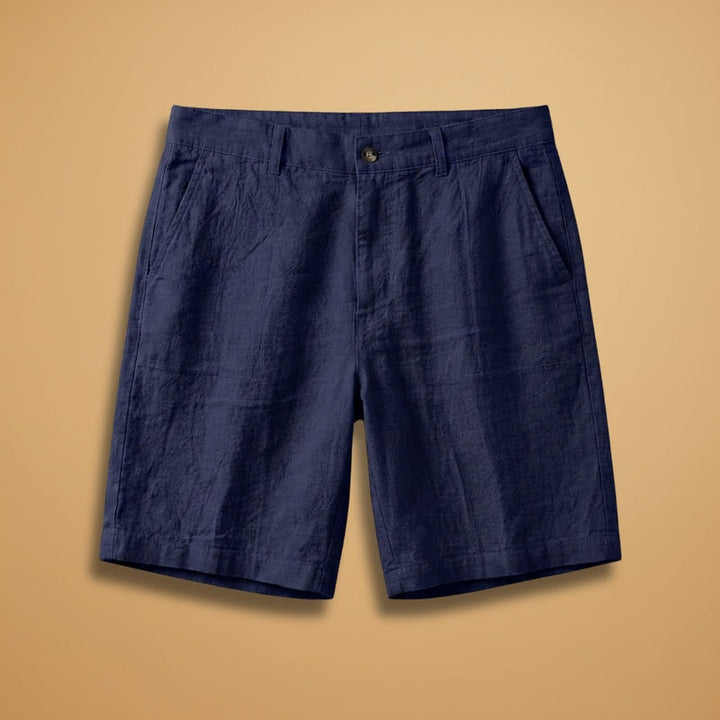 Calções de linho masculino para verão, cintura média, ideal para conforto e estilo casual na praia.