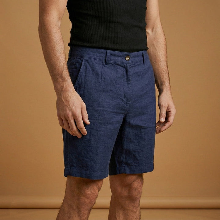 Calções de linho masculino de cintura média, confortáveis e casuais para o verão, perfeitos para a praia.