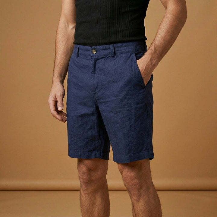 Calções de linho puro masculino, cintura média, para verão, conforto e elegância casual. Roupa masculina ideal.