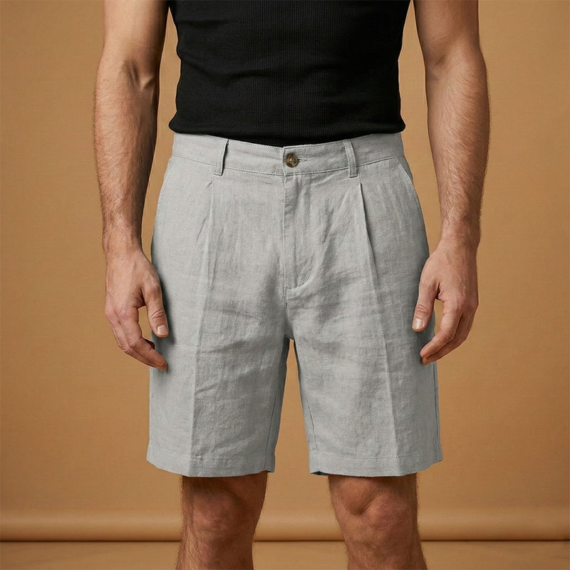 Calções de linho masculino versátil para verão, casual e elegante, conforto para praia ou dia a dia.