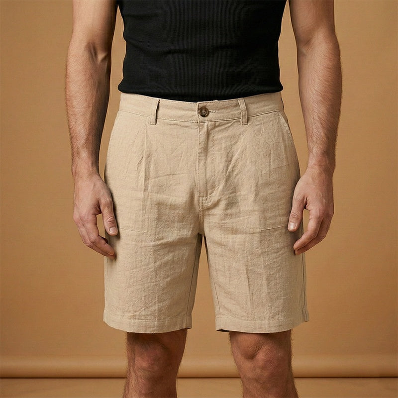 Calções de linho masculino de verão, cintura média. Conforto casual e elegante para roupa masculina.