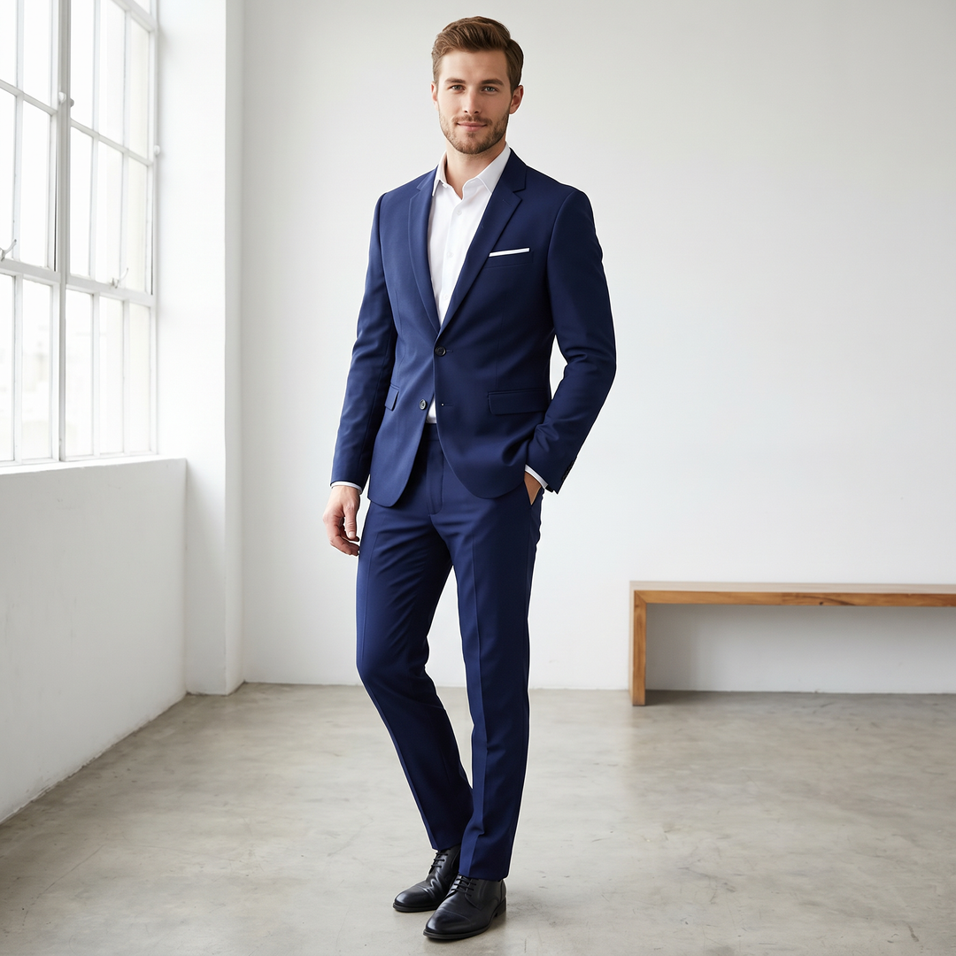 Terno masculino elegante com corte moderno, conjunto formal para homens que buscam sofisticação e estilo.