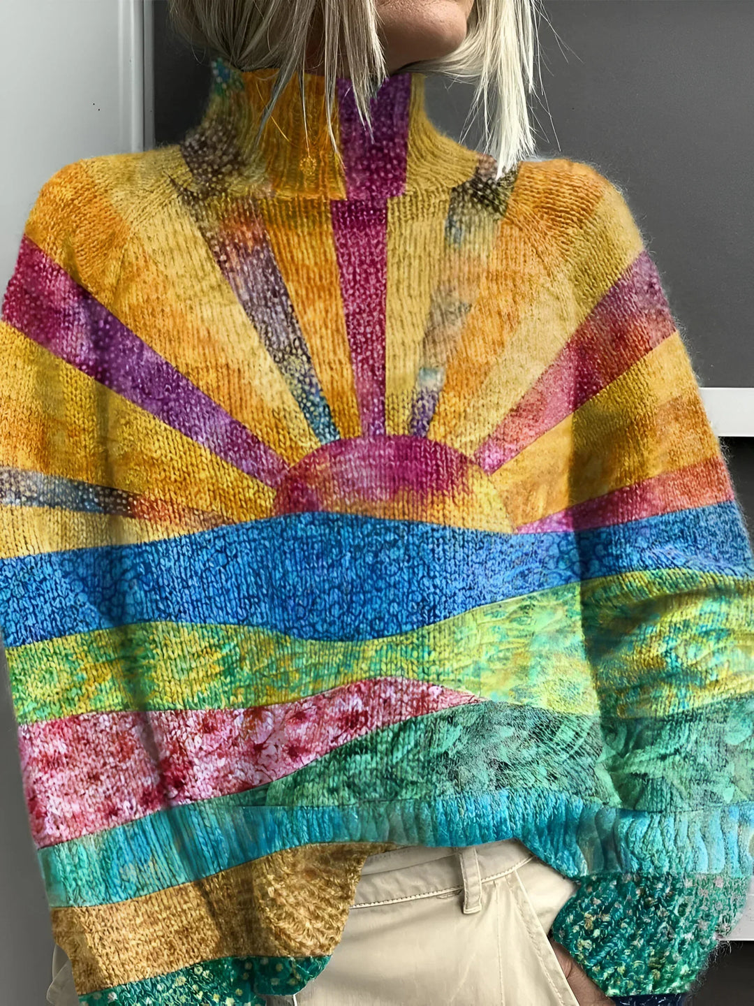 Suéter feminino colorido de gola alta elegante. Roupa feminina confortável para moda outono inverno com estilo casual chic.