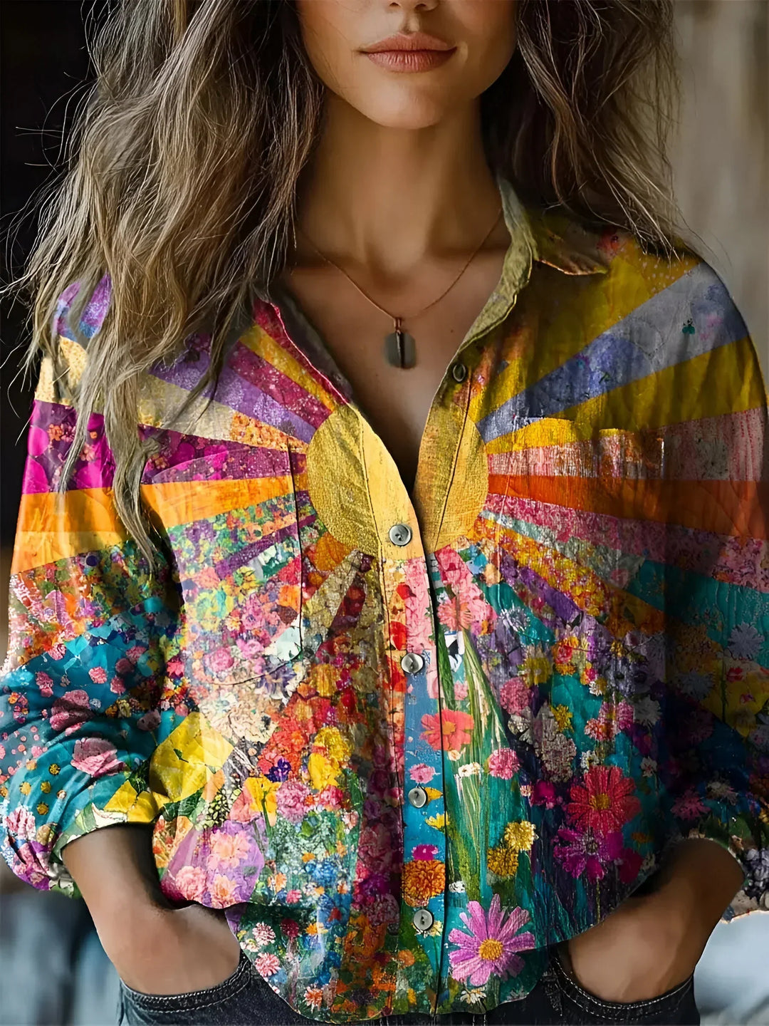 Blusa feminina estampada com girassóis radiantes, manga longa, estilo vibrante e casual para primavera/verão.
