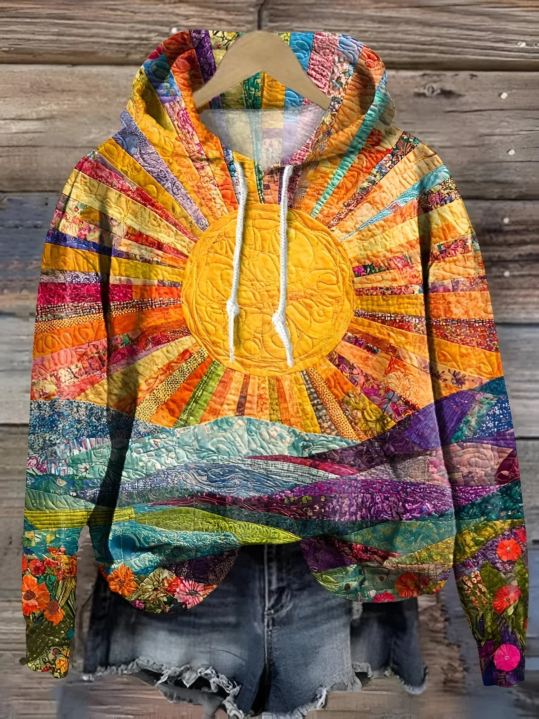 Moletom feminino com capuz colorido estilo tie-dye sunrise, confortável e moderno para outono/inverno.