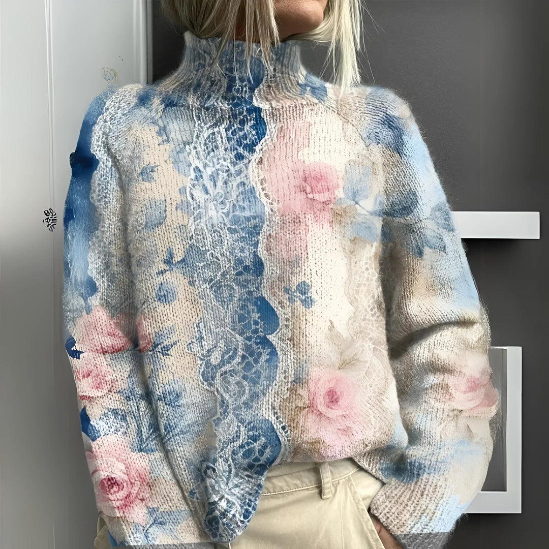 Suéter feminino Lara gola alta com estampa floral elegante, perfeito para o inverno e moda feminina.