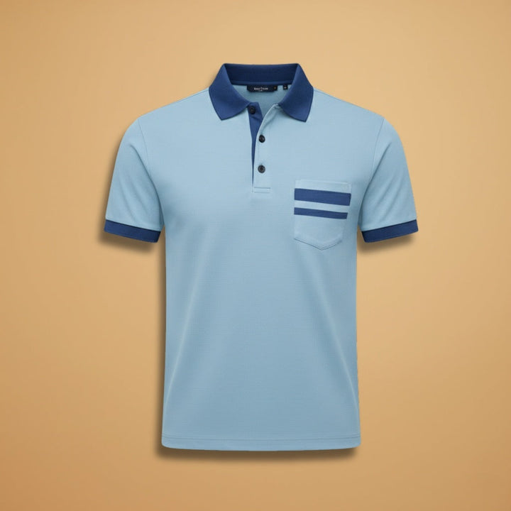 Polo masculina de manga curta elegante, com gola contrastante, ideal para verão.