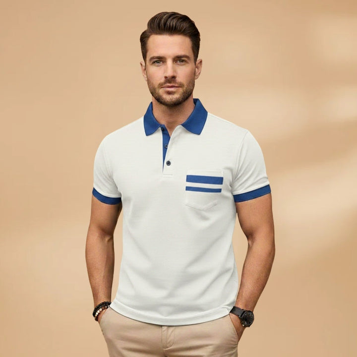 Polo masculina, manga curta, gola contrastante. Moda casual e elegante para homem no verão.