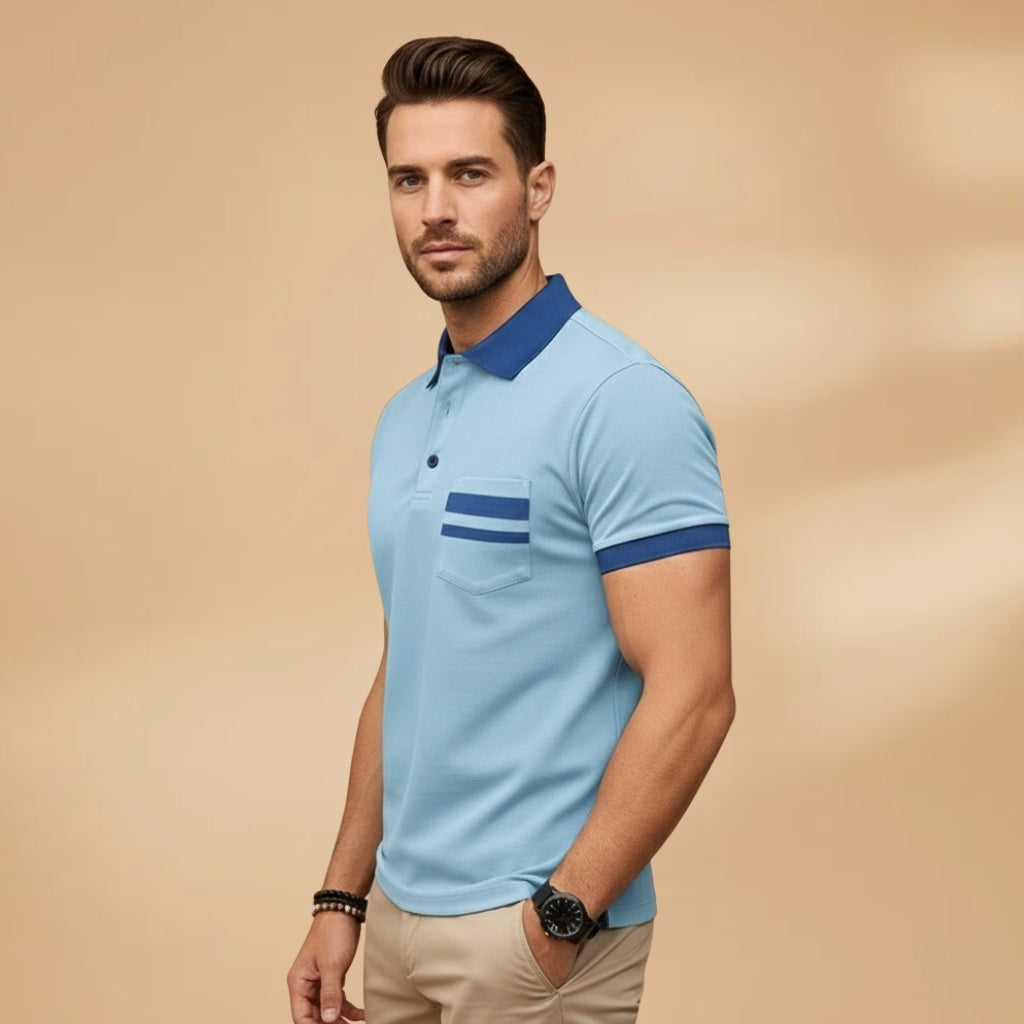 Camisa polo masculina, manga curta, design moderno com gola contrastante. Conforto e estilo.