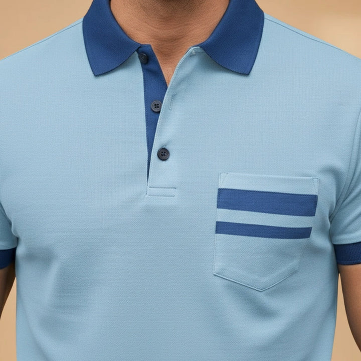 Polo masculina, manga curta, gola contrastante. Roupa moderna e casual para homem.