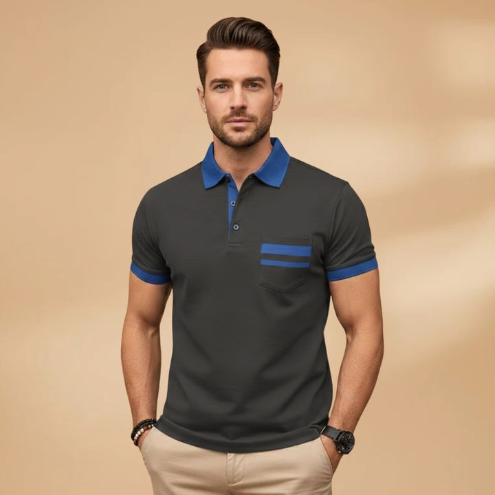 Polo masculina casual para o dia a dia, manga curta, gola contrastante. Roupa elegante e confortável.