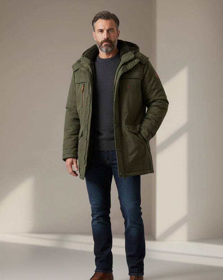 Casaco masculino de inverno robusto e quente, ideal para o dia a dia, oferece estilo e conforto contra o frio.