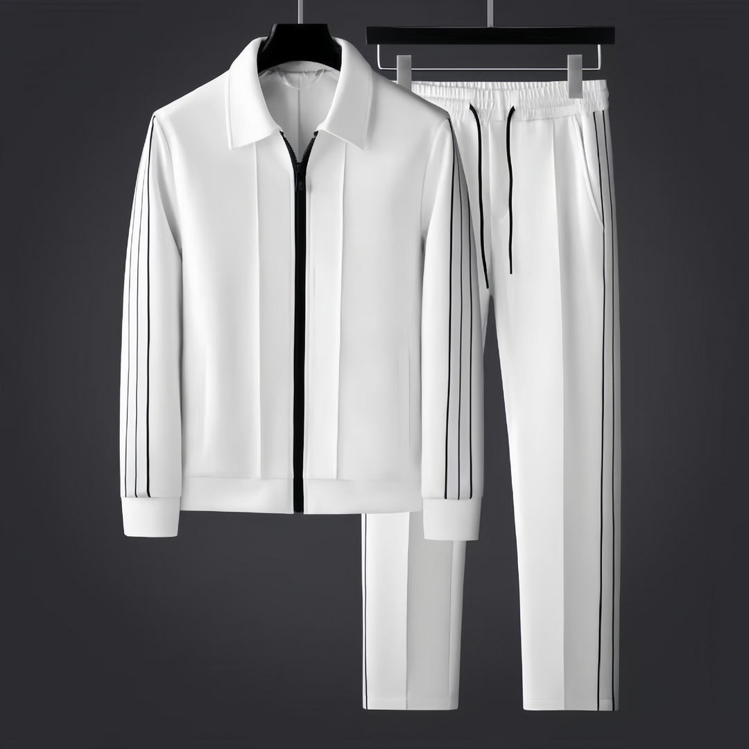 Fato de treino masculino esportivo branco e preto, riscas laterais. Conforto para desporto e lazer.