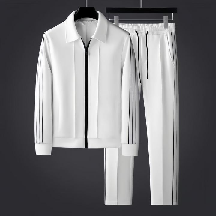 Fato de treino masculino esportivo branco e preto, riscas laterais. Conforto para desporto e lazer.