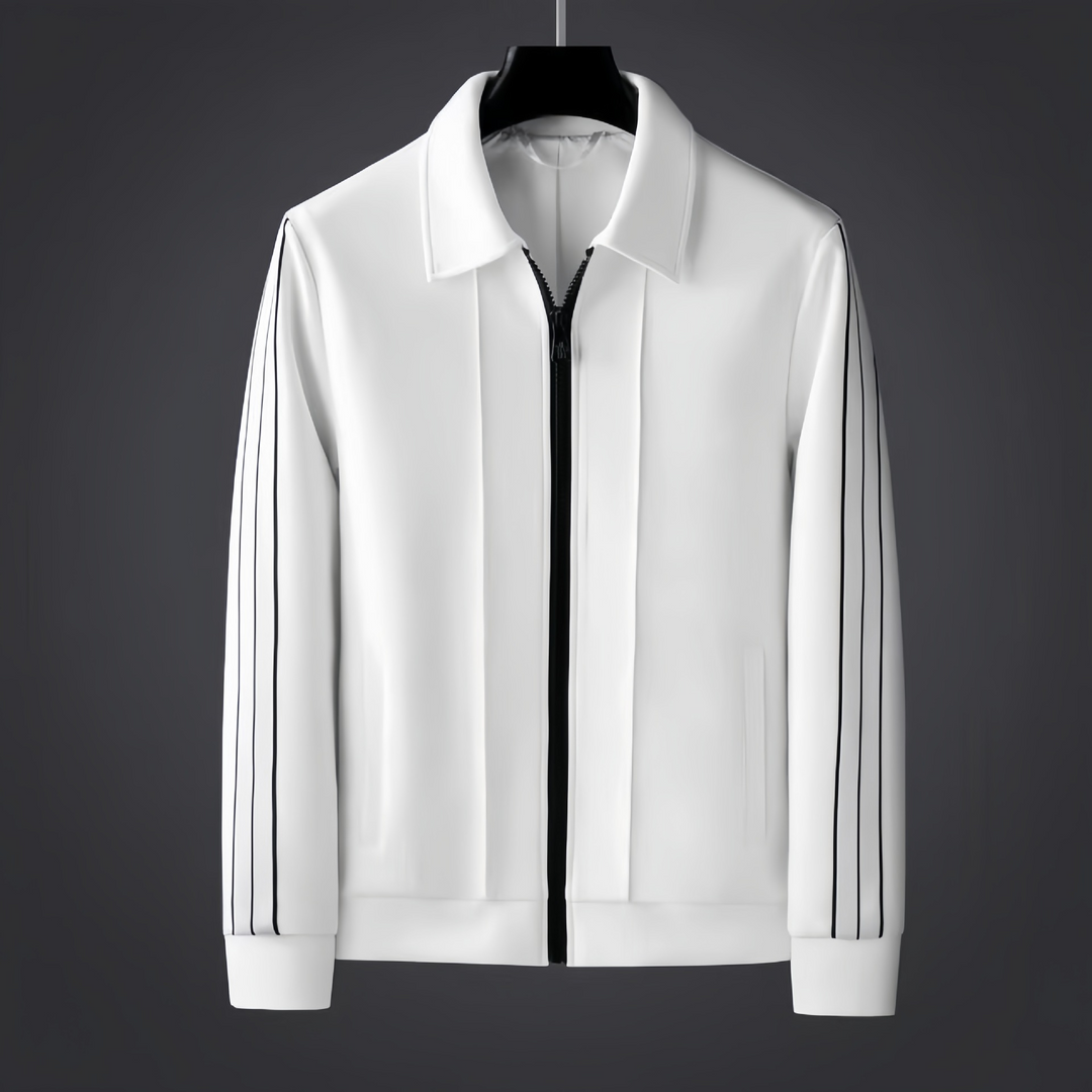 Conjunto desportivo masculino confortável, casaco com gola polo, fecho e calças.