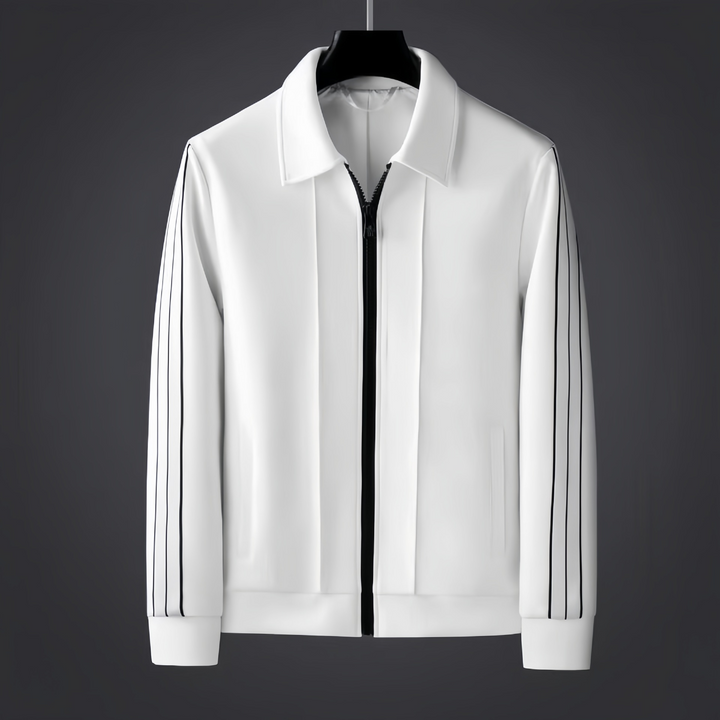 Conjunto desportivo masculino confortável, casaco com gola polo, fecho e calças.