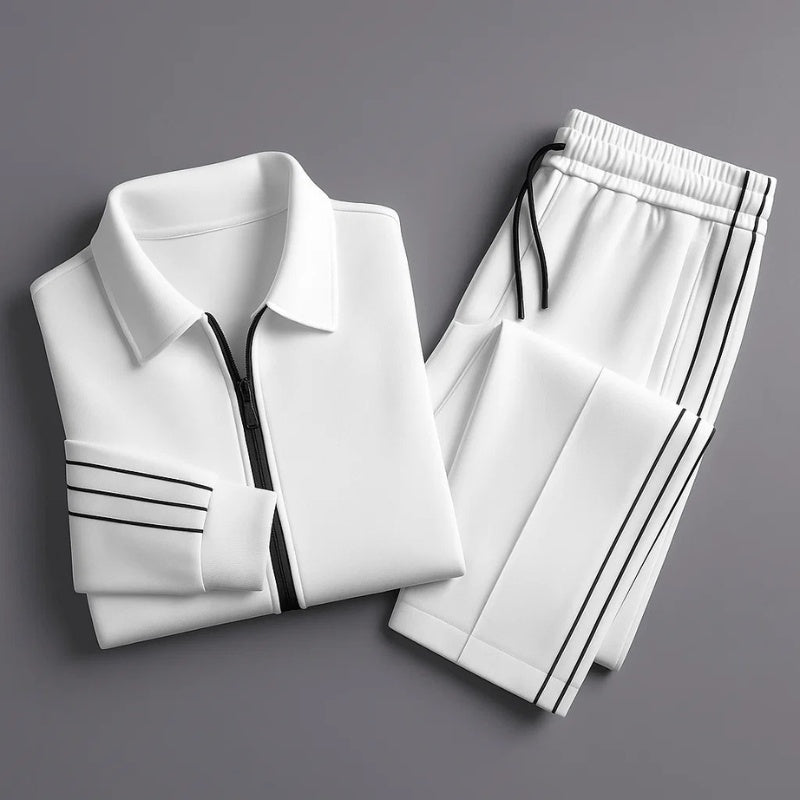 Conjunto desportivo preto masculino, calças e casaco. Ideal para atividades esportivas e casual.