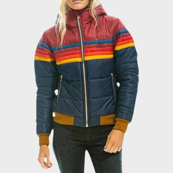 Blusão acolchoado feminino impermeável com riscas. Casaco quente para inverno e outono, perfeito para a mulher com estilo.