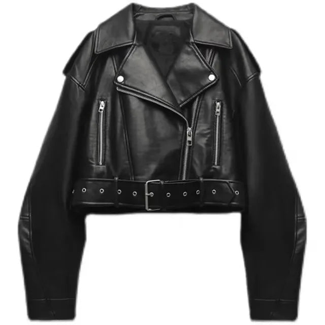 Casaco biker feminino curto de couro preto com cinto ajustável, estilo moderno para outono/inverno.