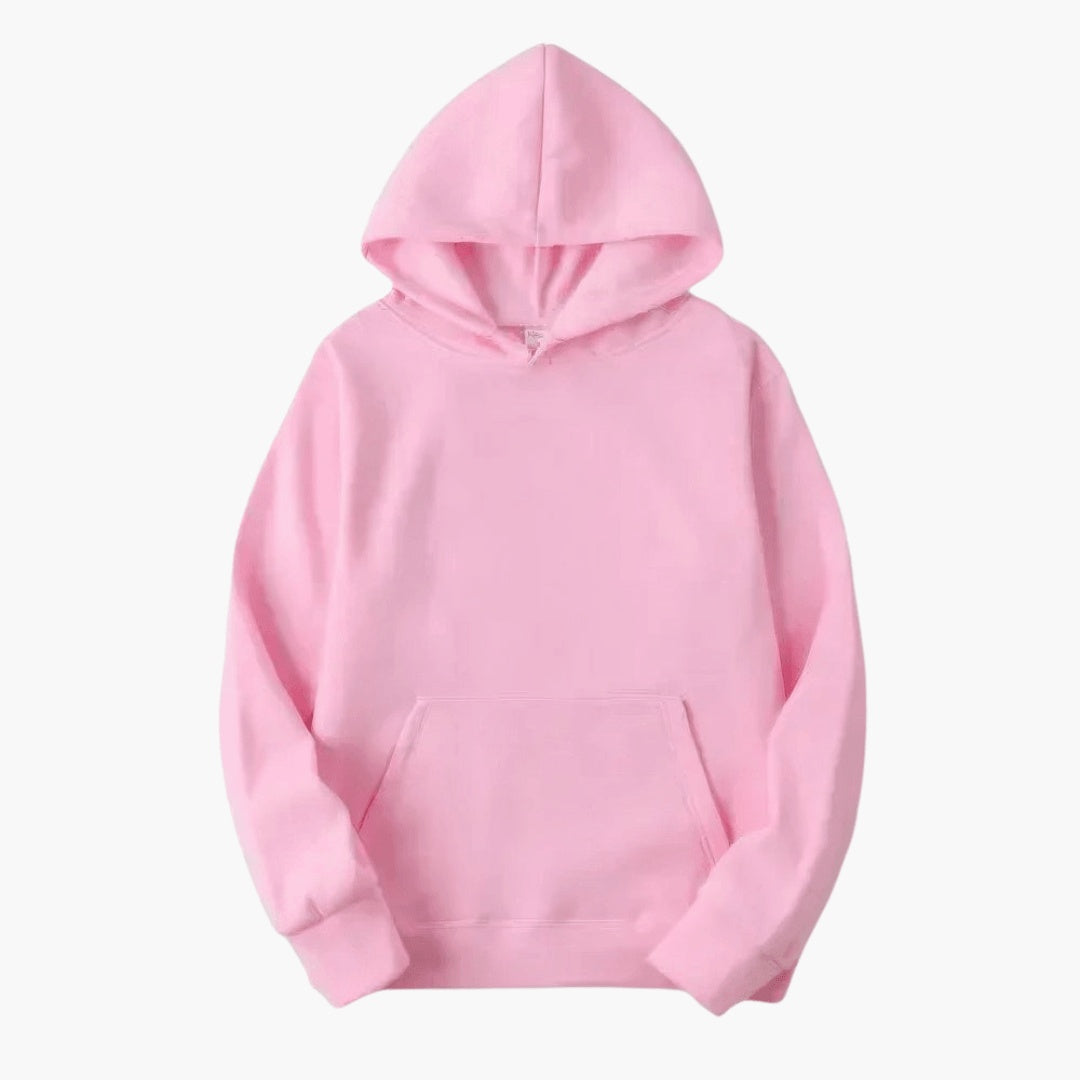 Homem jovem com hoodie masculino cinzento, mostrando o capuz e o estilo descontraído.