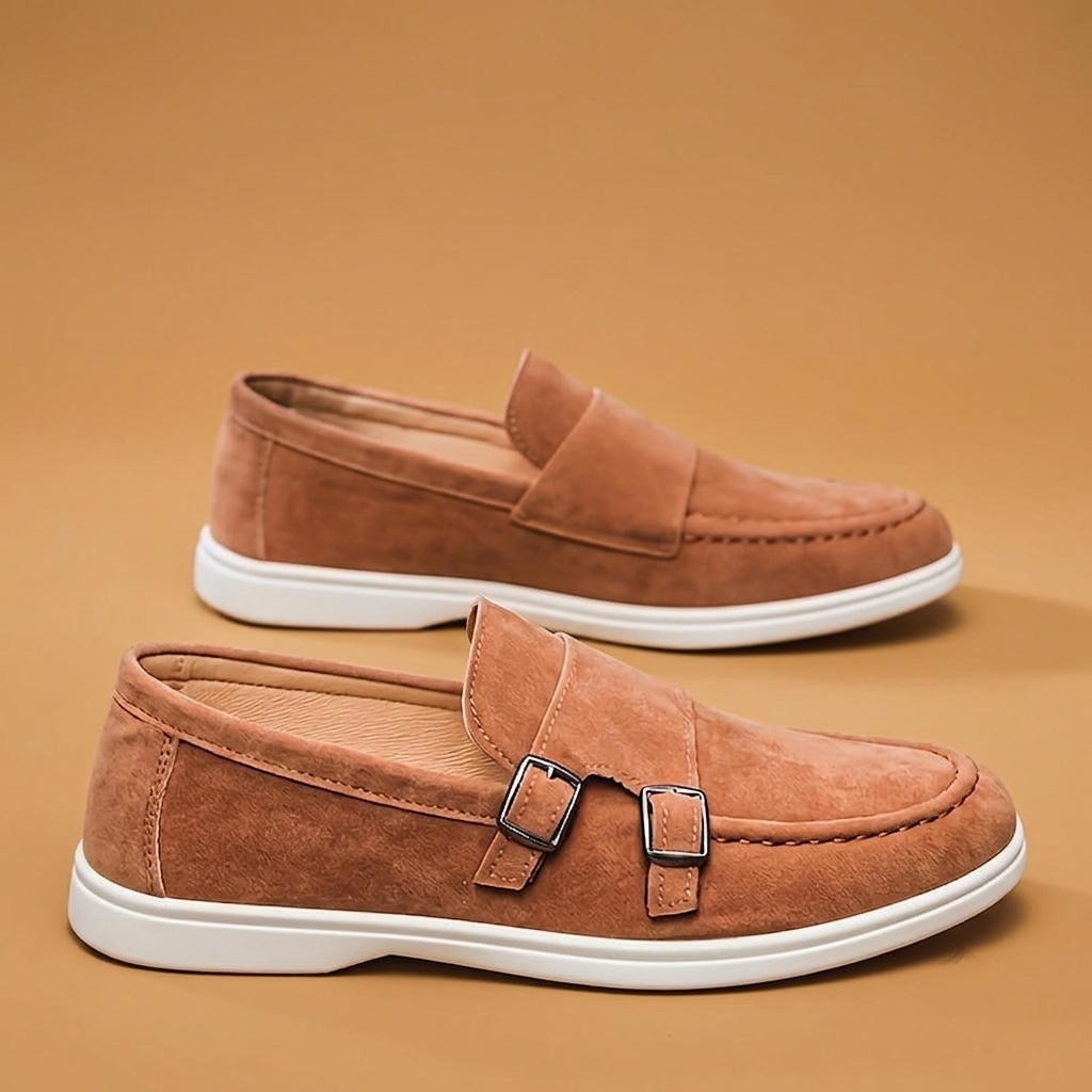 Sapatos mocassim masculinos sofisticados, modelo slip-on, camurça e fivela dupla.