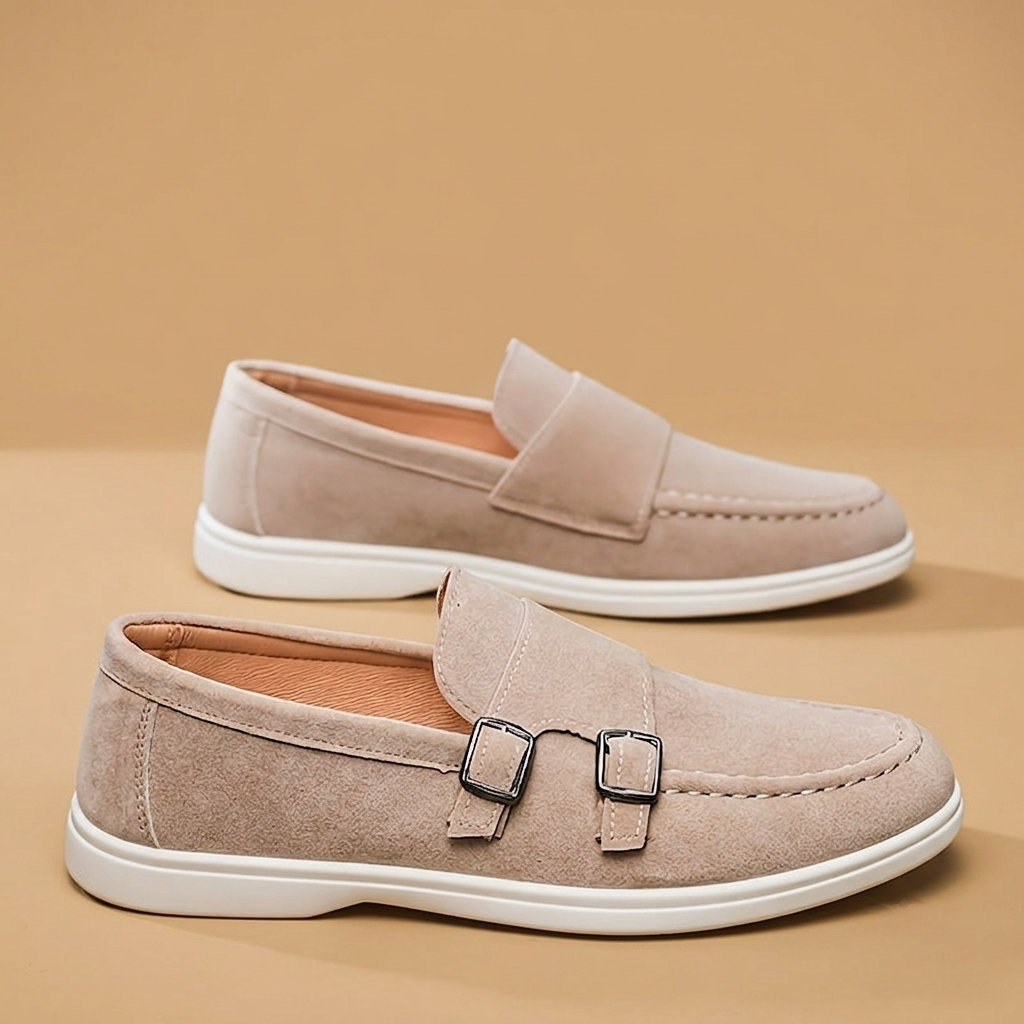 Moda masculina: mocassim slip-on de camurça com fivelas duplas, elegância e praticidade.