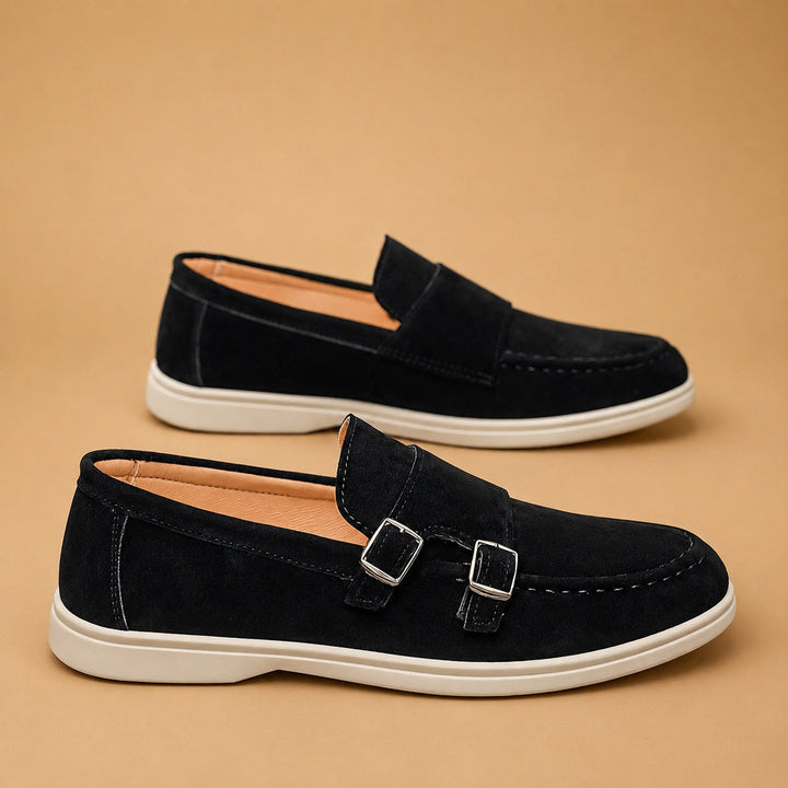 Sapatos mocassim masculinos confortáveis, design slip-on, fivela dupla para smart casual.