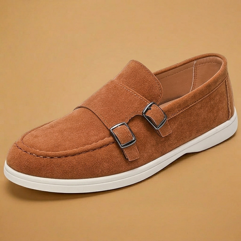 Confortável mocassim masculino em camurça, estilo slip-on e fivela dupla para o dia a dia.