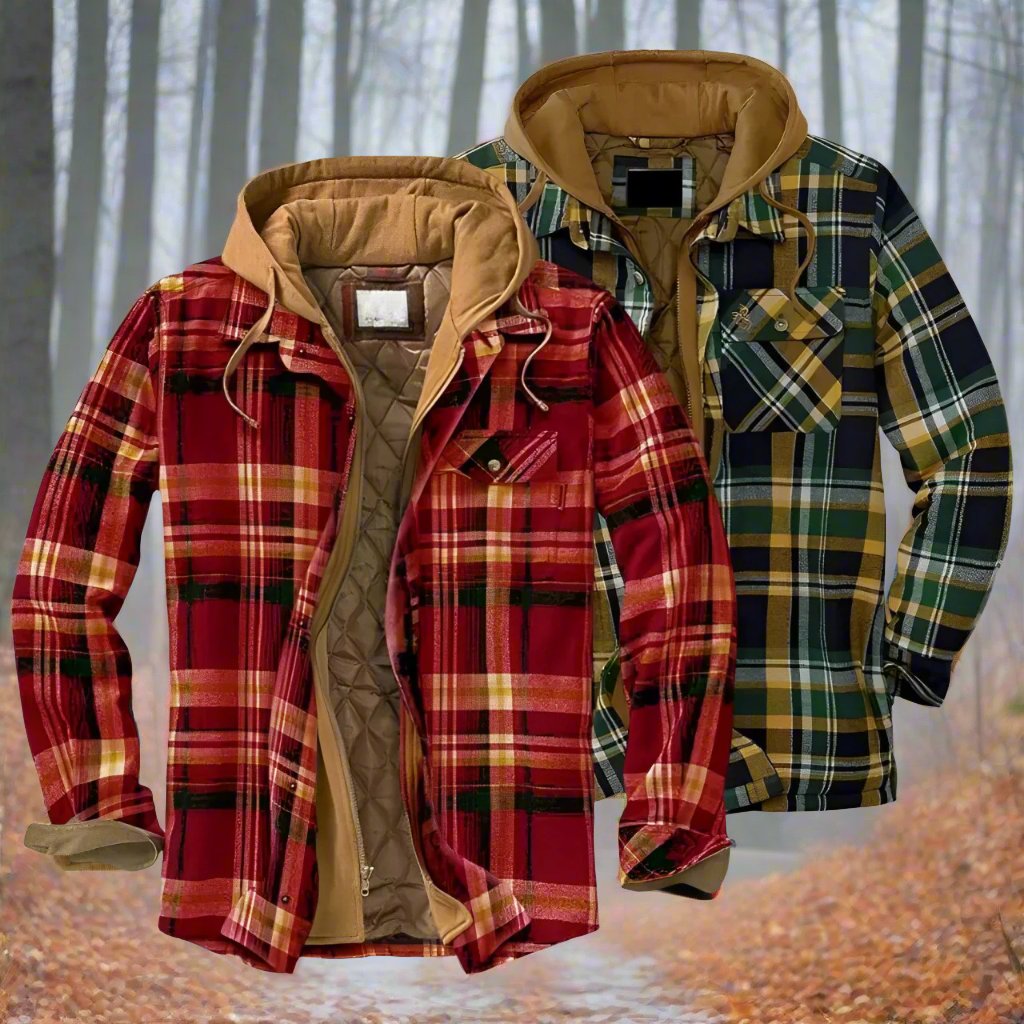 Jaqueta masculina xadrez com capuz Ormond, estilo casual e confortável para moda outono inverno.