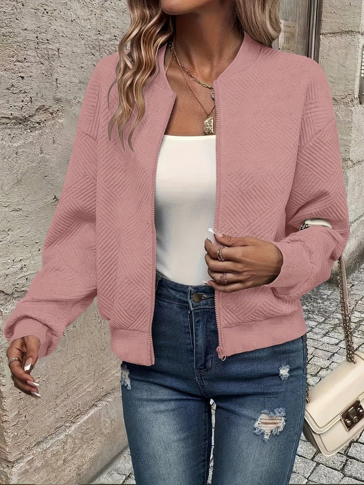 Casaco bomber feminino versátil, perfeito para primavera e outono, com fecho zip.