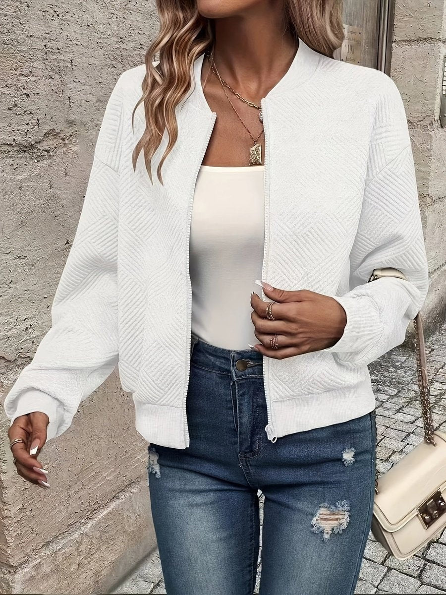 Casaco bomber feminino com fecho zip, vestuário versátil para a moda mulher e casaco de transição.