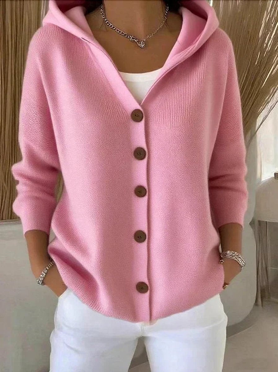 Cardigan de malha feminino com capuz e botões, ideal para conforto casual no outono/primavera.