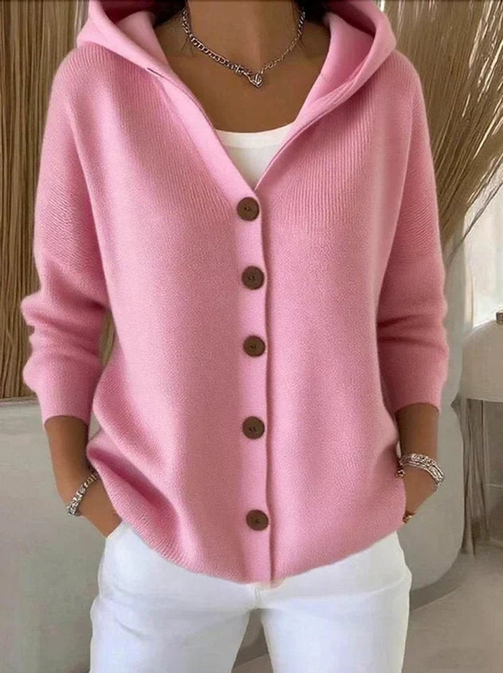 Cardigan de malha feminino com capuz e botões, ideal para conforto casual no outono/primavera.