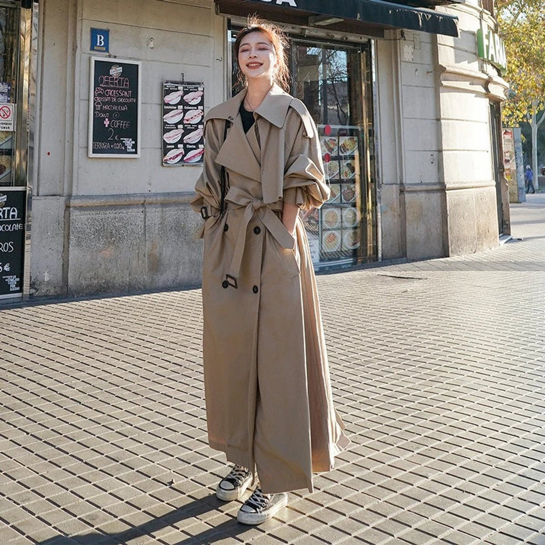 Gabardina feminina oversize comprida com cinto, dupla frente, elegante para outono/primavera.