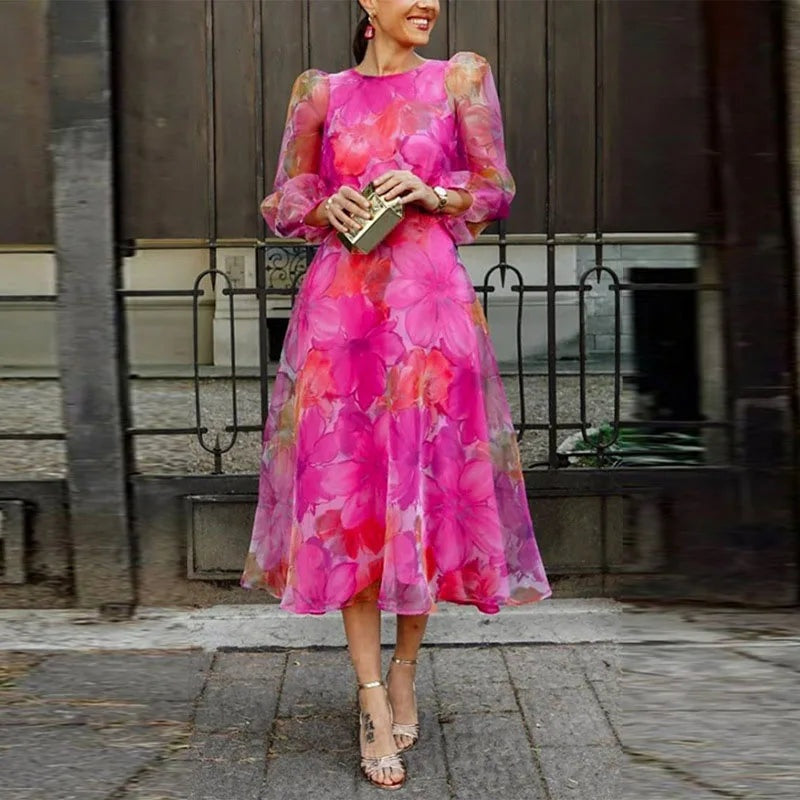 Vestido midi floral feminino elegante para casamento, festa ou cerimônia, com manga longa. Perfeito para convidada verão/outono.