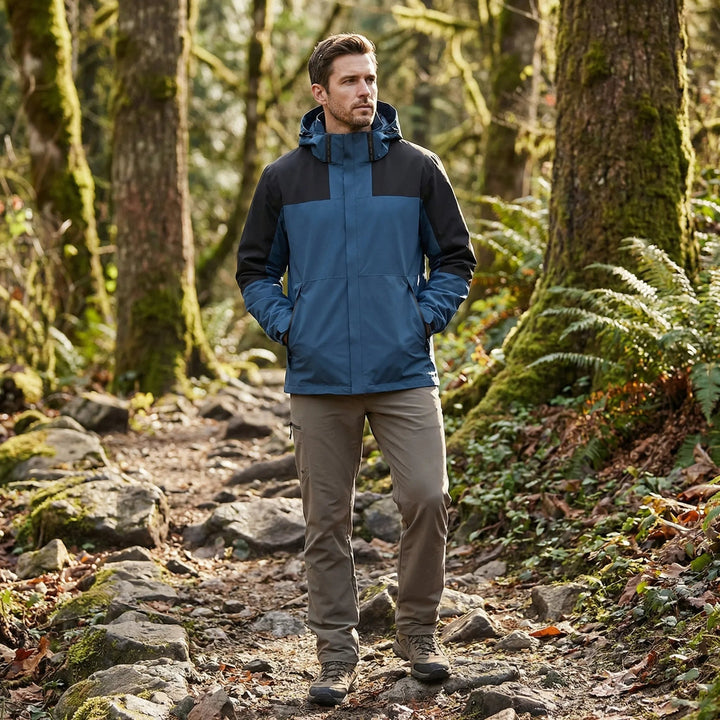 Capa de chuva masculina impermeável azul com capuz, ideal para dias chuvosos e atividades ao ar livre.