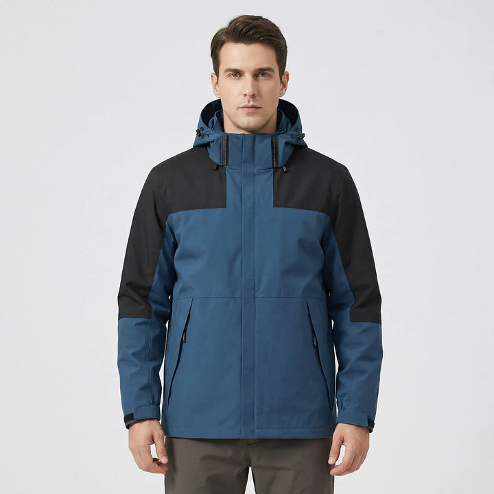 Casaco corta-vento masculino preto, impermeável e com capuz, perfeito para trekking e viagens.