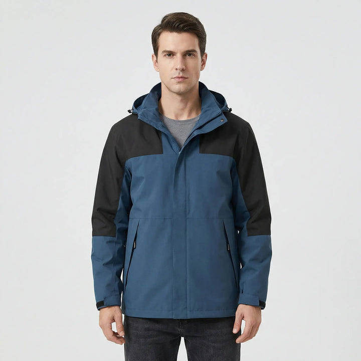 Capa de chuva masculina azul, corta-vento e impermeável, essencial para proteção em dias chuvosos.