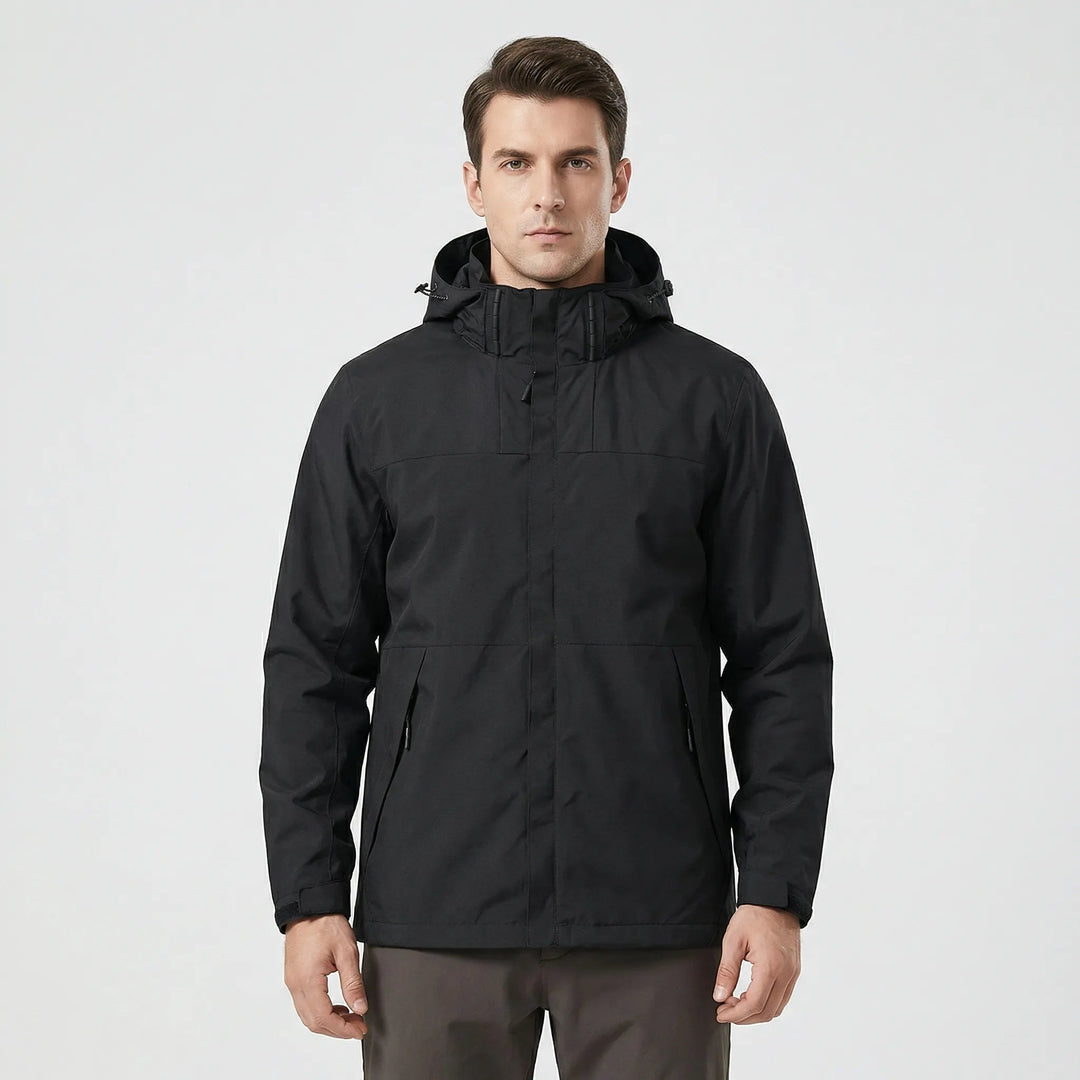 Jaqueta masculina impermeável e corta-vento com capuz, ideal para caminhada, trekking e viagens.