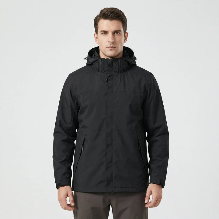 Jaqueta masculina impermeável e corta-vento com capuz, ideal para caminhada, trekking e viagens.