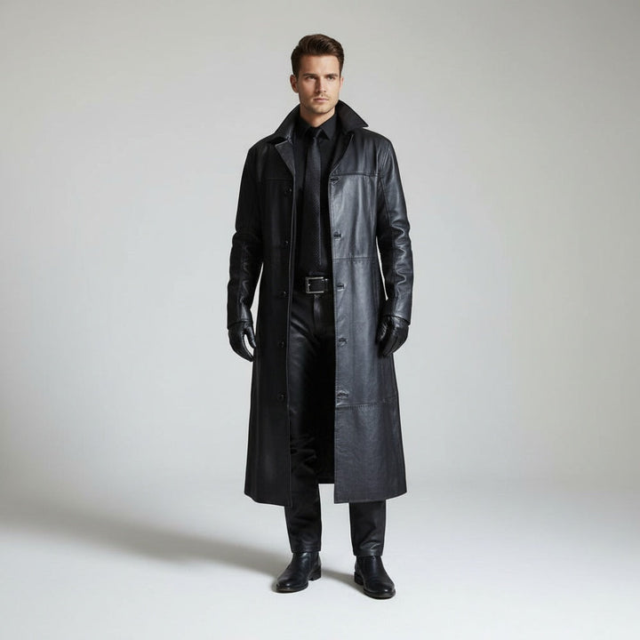 Detalhe do casaco de couro masculino comprido. A gola clássica adiciona um toque elegante para a moda outono.