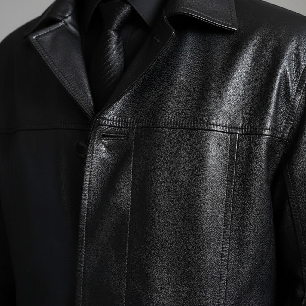 Homem vestindo casaco de couro masculino comprido, perfeito para dias frios de inverno. Estilo elegante.