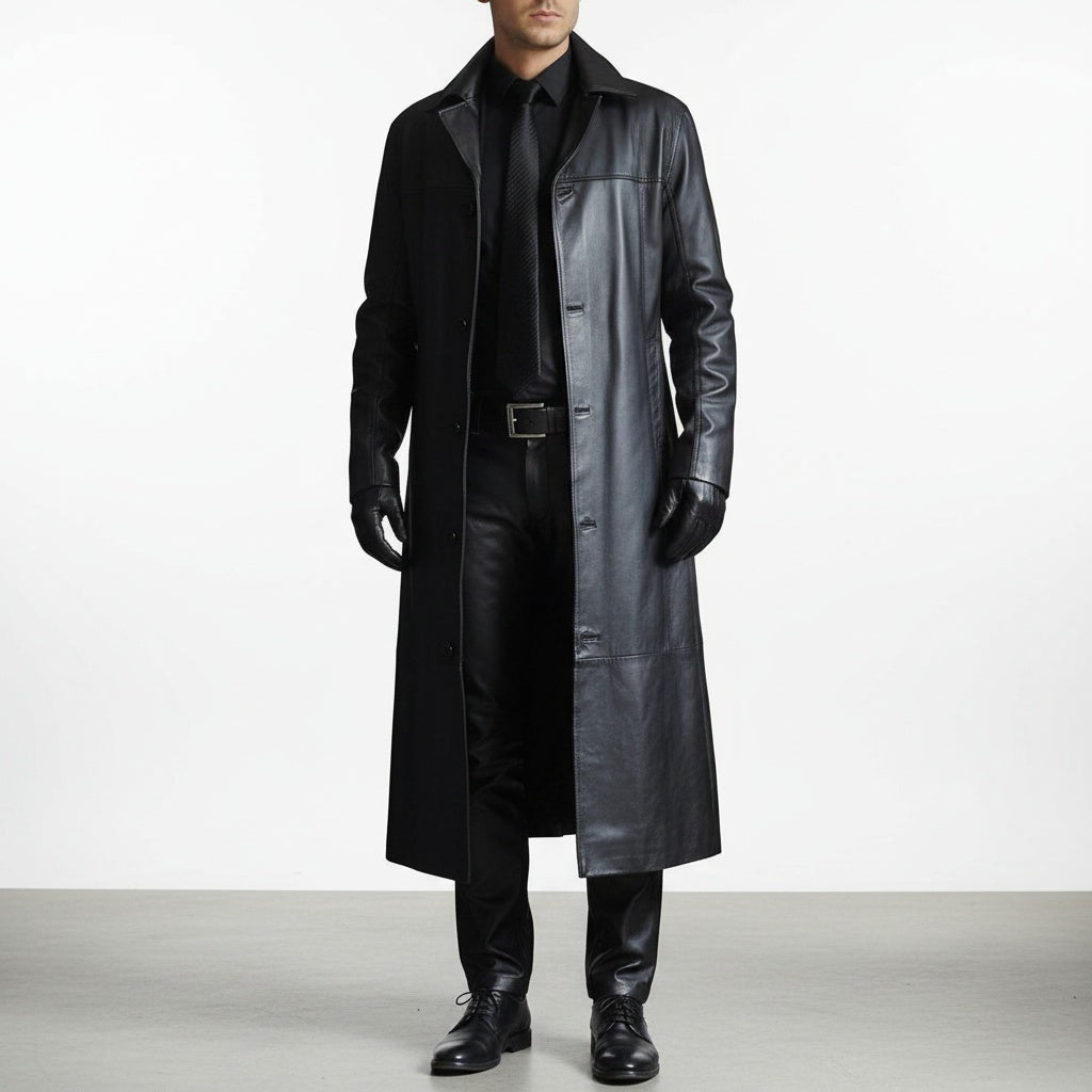 Casaco masculino de couro legítimo comprido, com design atemporal e gola clássica. Moda elegante para homens.