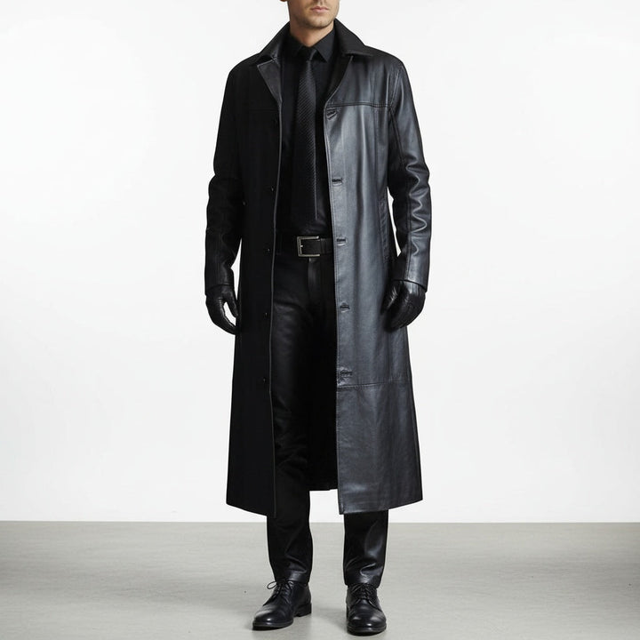 Casaco masculino de couro legítimo comprido, com design atemporal e gola clássica. Moda elegante para homens.