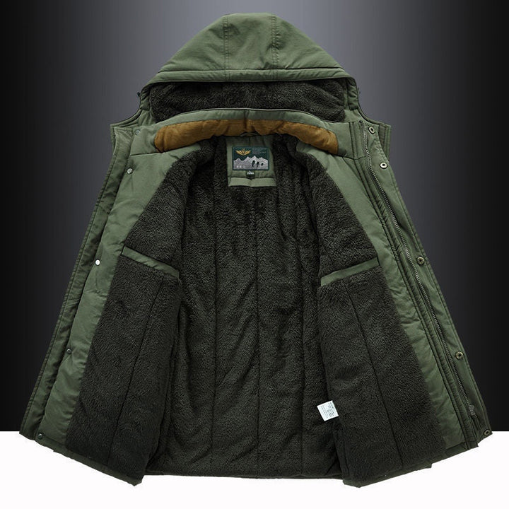 Casaco parka masculino quente para inverno, forrado a fleece, com capuz, perfeito para moda casual.