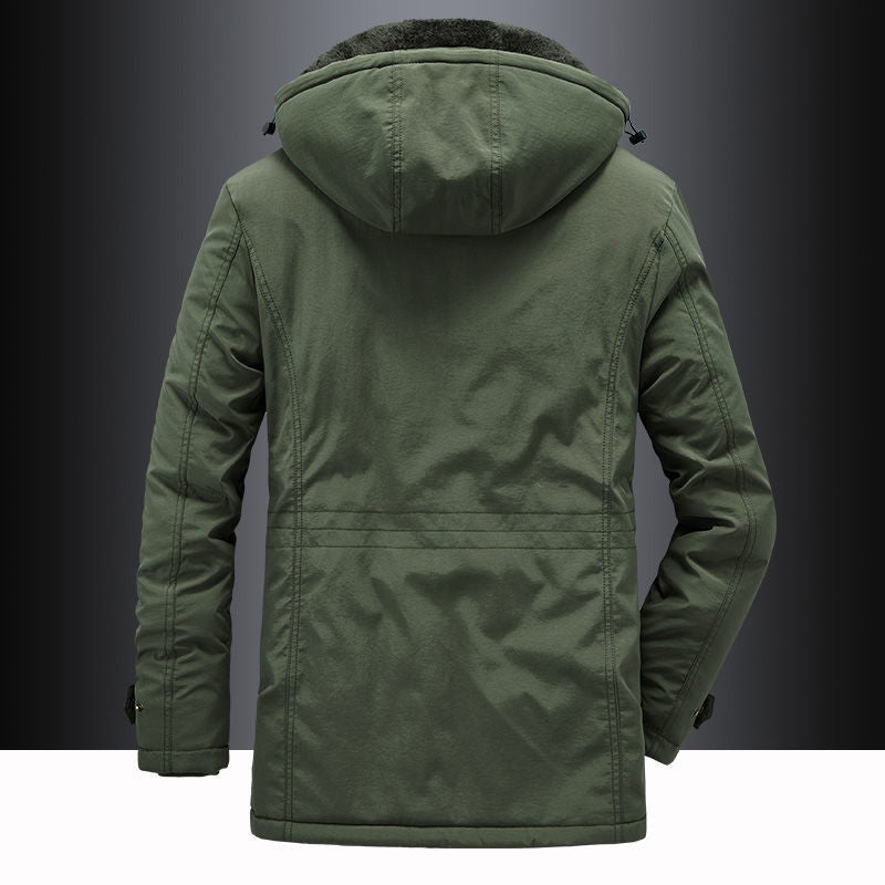 Agasalho parka masculino de inverno, forrado com fleece, capuz amovível, proporciona calor e conforto.