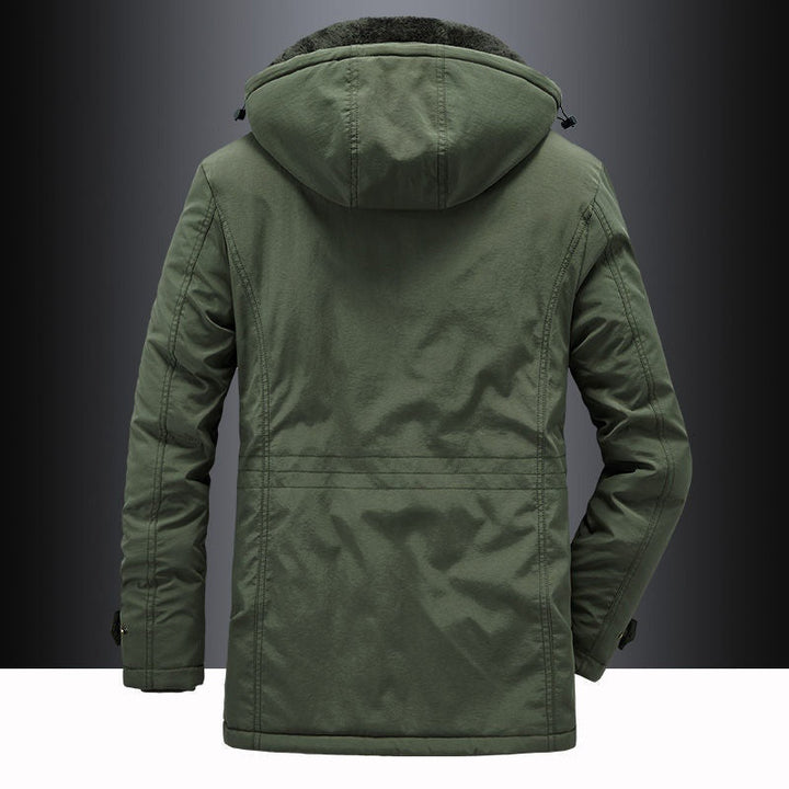 Agasalho parka masculino de inverno, forrado com fleece, capuz amovível, proporciona calor e conforto.