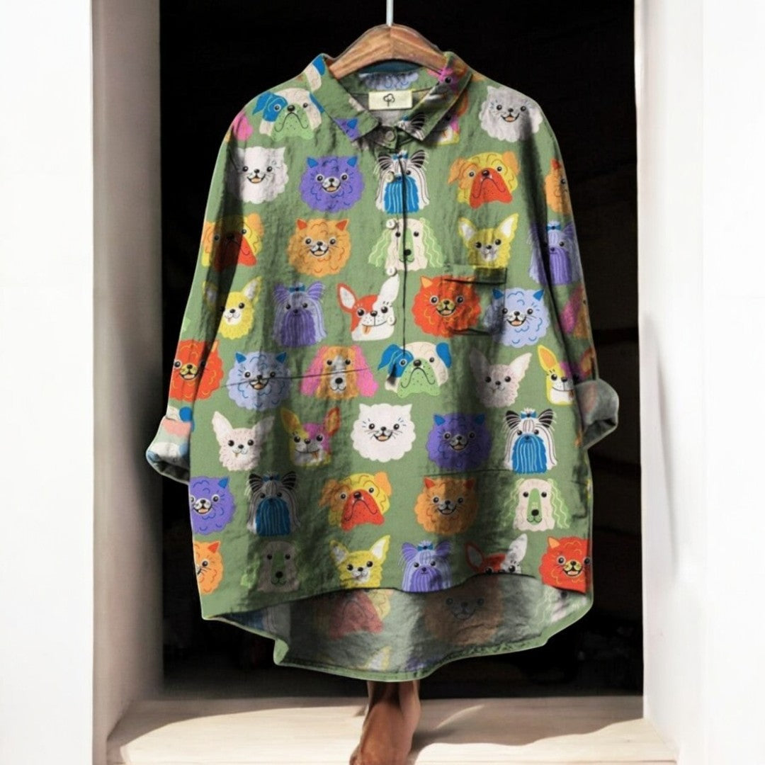 Roupa feminina casual: blusa manga longa com estampa divertida de cachorro alegre. Confortável e elegante para o dia a dia.